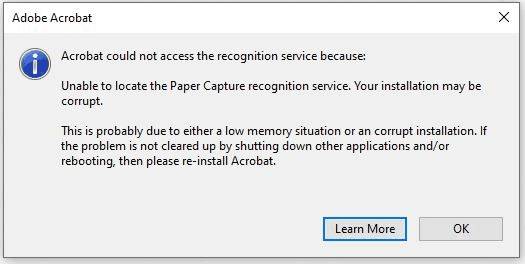 Acrobat Error Unable to Locate Paper Capture Recognition Service