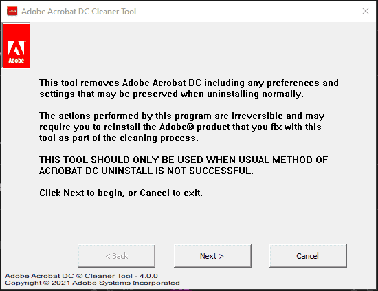 Adobe Acrobat DC Cleaner Tool Prompt