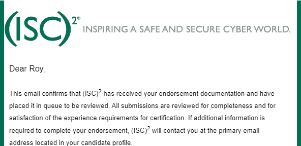 (ISC)² CISSP Endorsement Queue Email