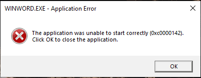 Office Application Error - The application was unable to start correctly